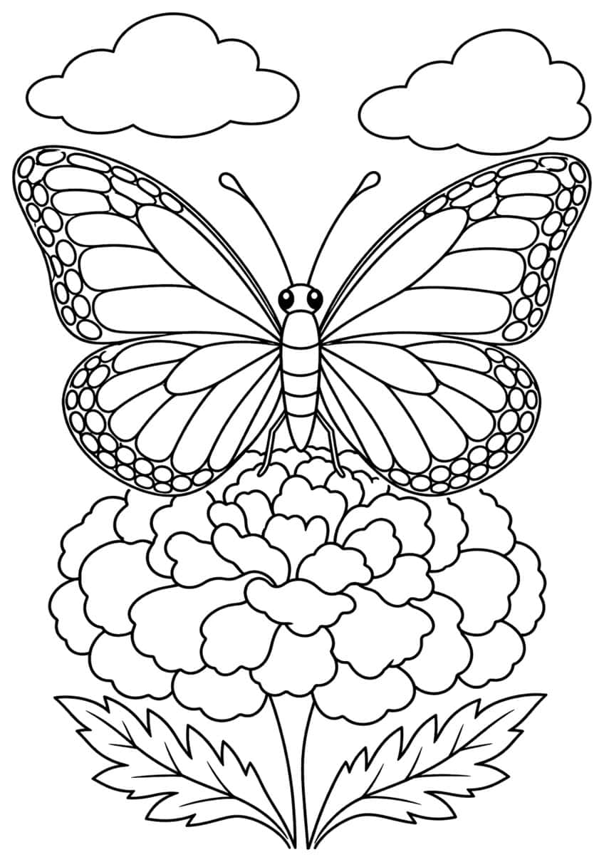 Monarch butterfly with patterned wings on a large marigold with two leaves and two clouds