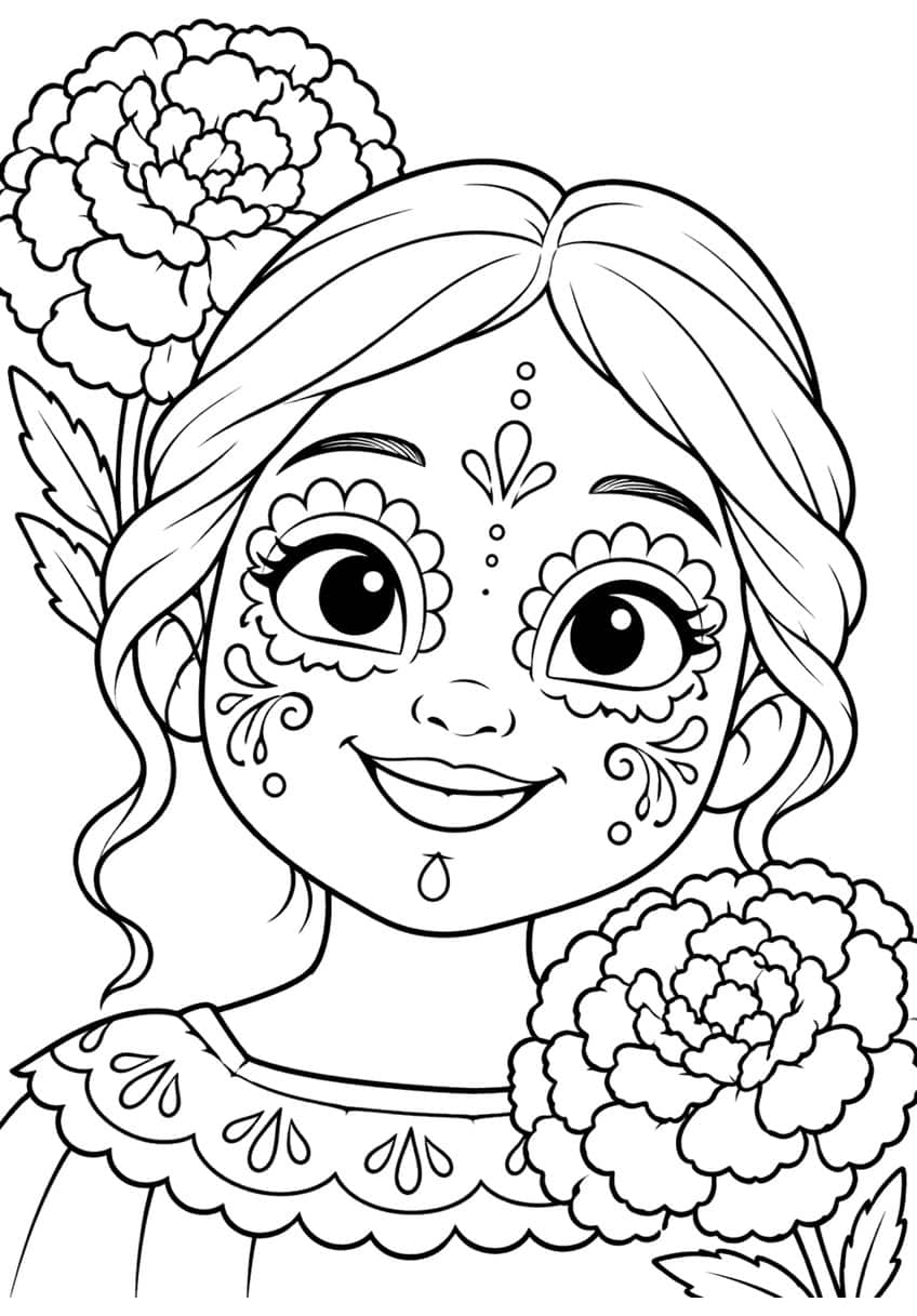 Smiling girl with sugar skull face paint, two marigolds, leaves and a lace-collar blouse