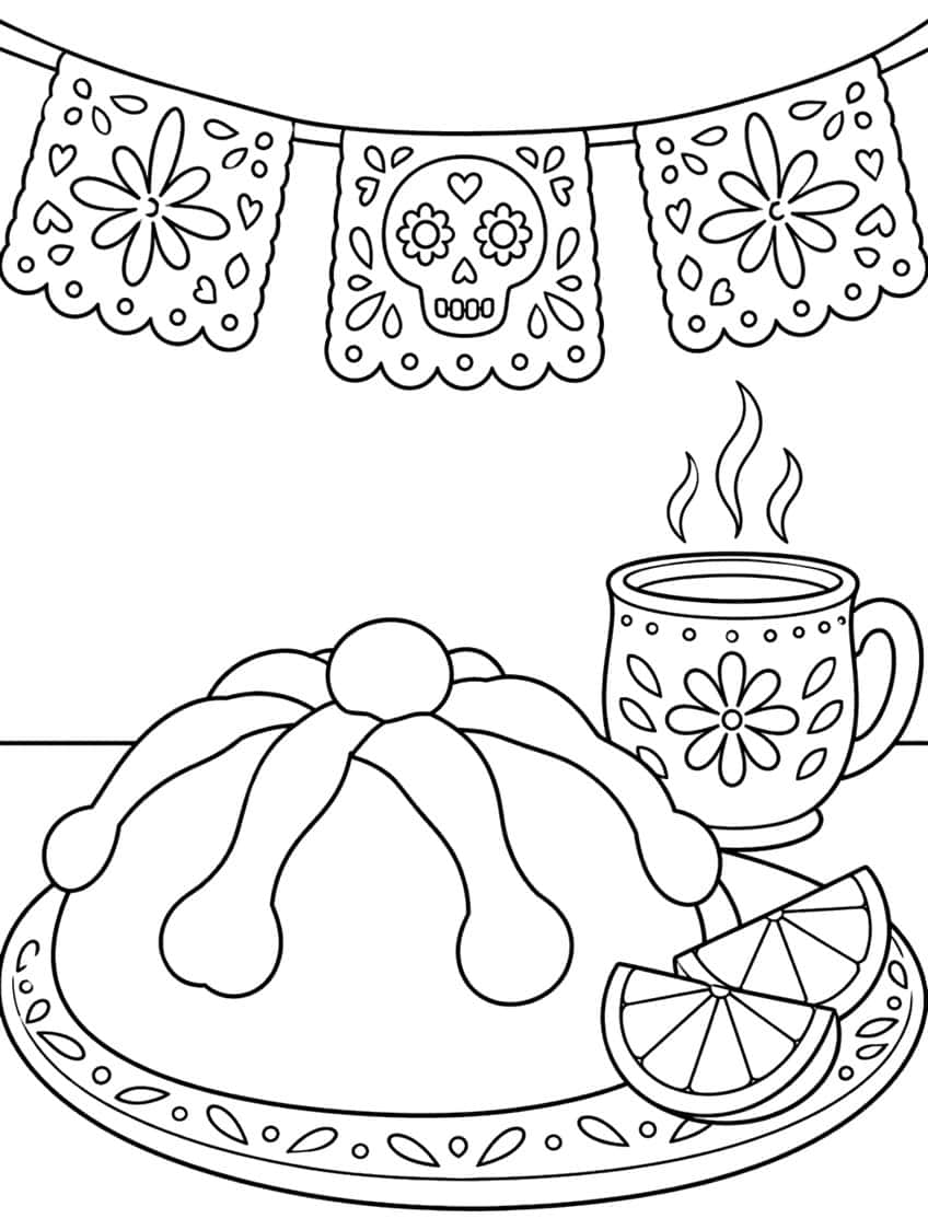 Pan de muerto on a patterned plate with orange slices, steaming mug and three papel picado banners