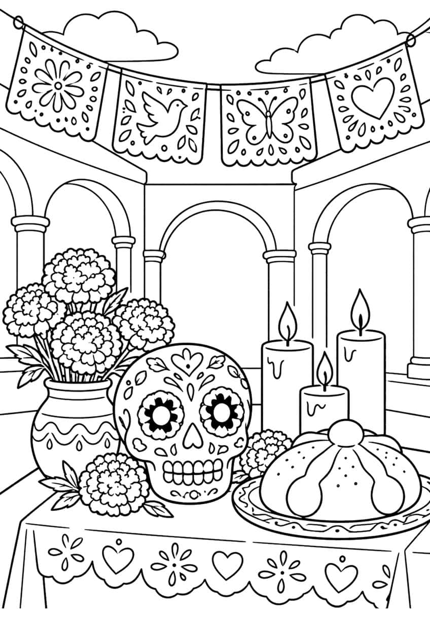 Papel picado banners above a table with sugar skull, marigolds, three candles and bread