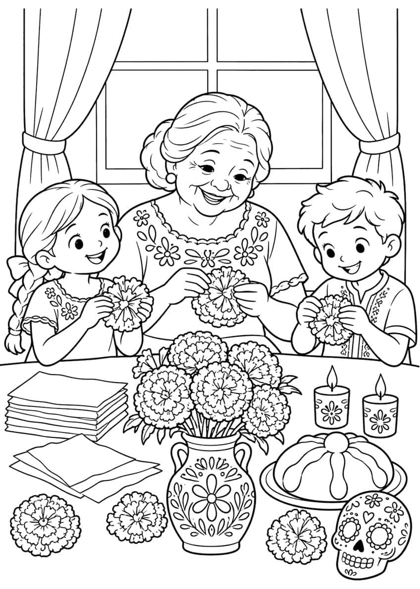 Grandmother, girl and boy making paper marigolds beside a vase, candles, pan de muerto and sugar skull