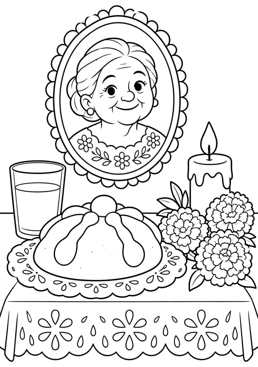 Grandmother portrait in scalloped frame above pan de muerto, water glass, candle and three marigolds