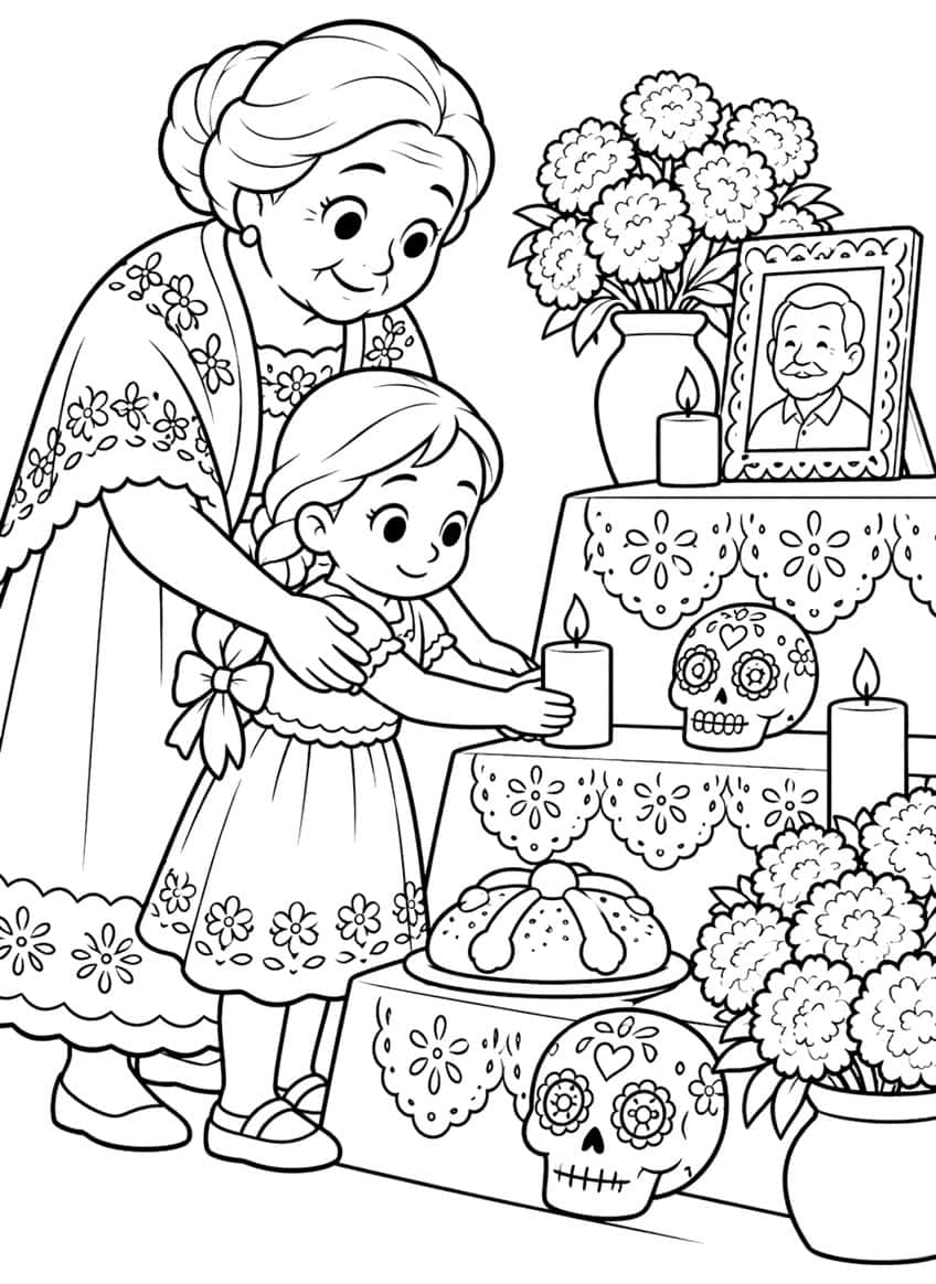 Grandmother helping a girl place a candle on an altar with sugar skulls, bread, portrait and marigolds