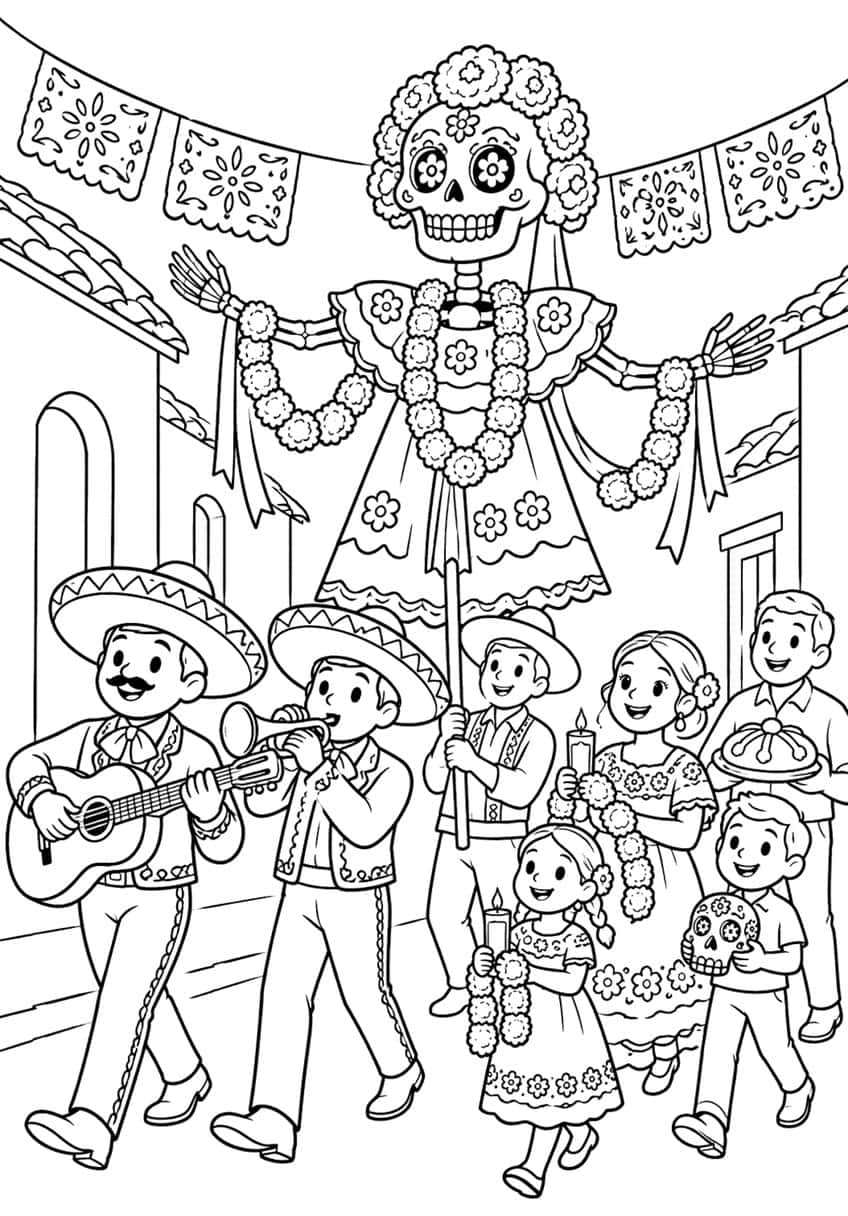 Giant skeleton puppet with marigold garlands, mariachi musicians and a family walking in a street procession