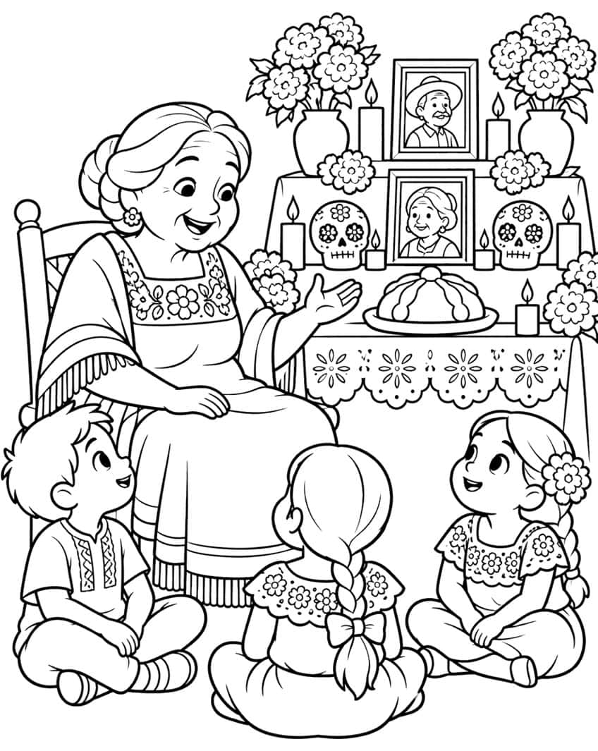 Grandmother in a chair talking to three children sitting before an altar with portraits, sugar skulls and marigolds