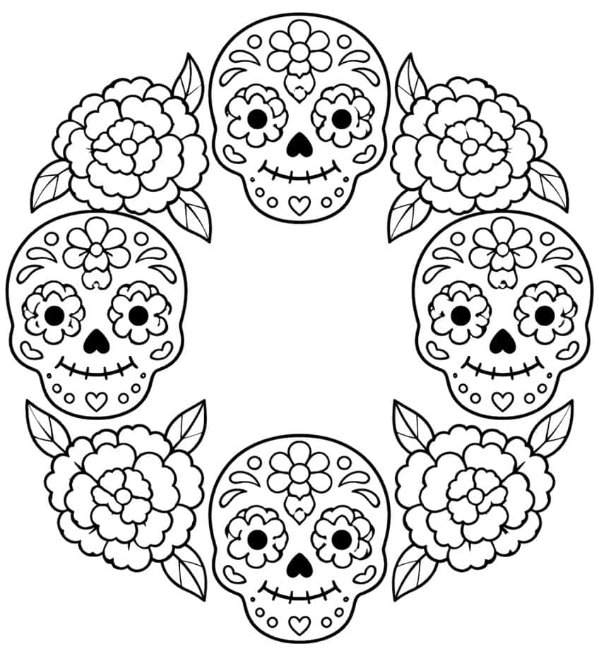 Wreath of four sugar skulls and four marigold flowers with leaves around an empty center