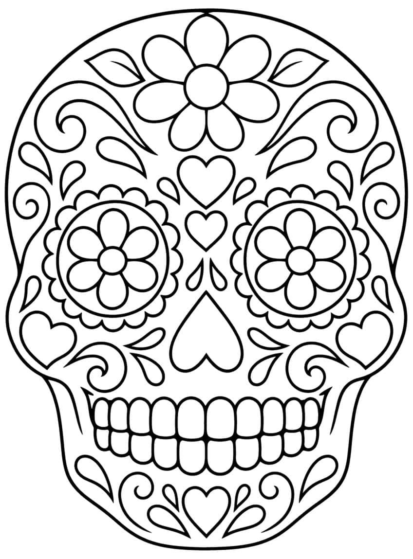 Sugar skull with flower eyes, heart nose, forehead blossom, swirls, hearts and a toothy grin