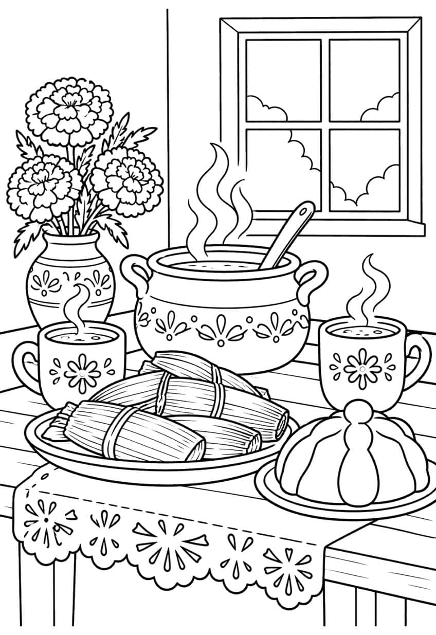 Tamales on a platter, steaming pot, two mugs, pan de muerto, marigold vase and window