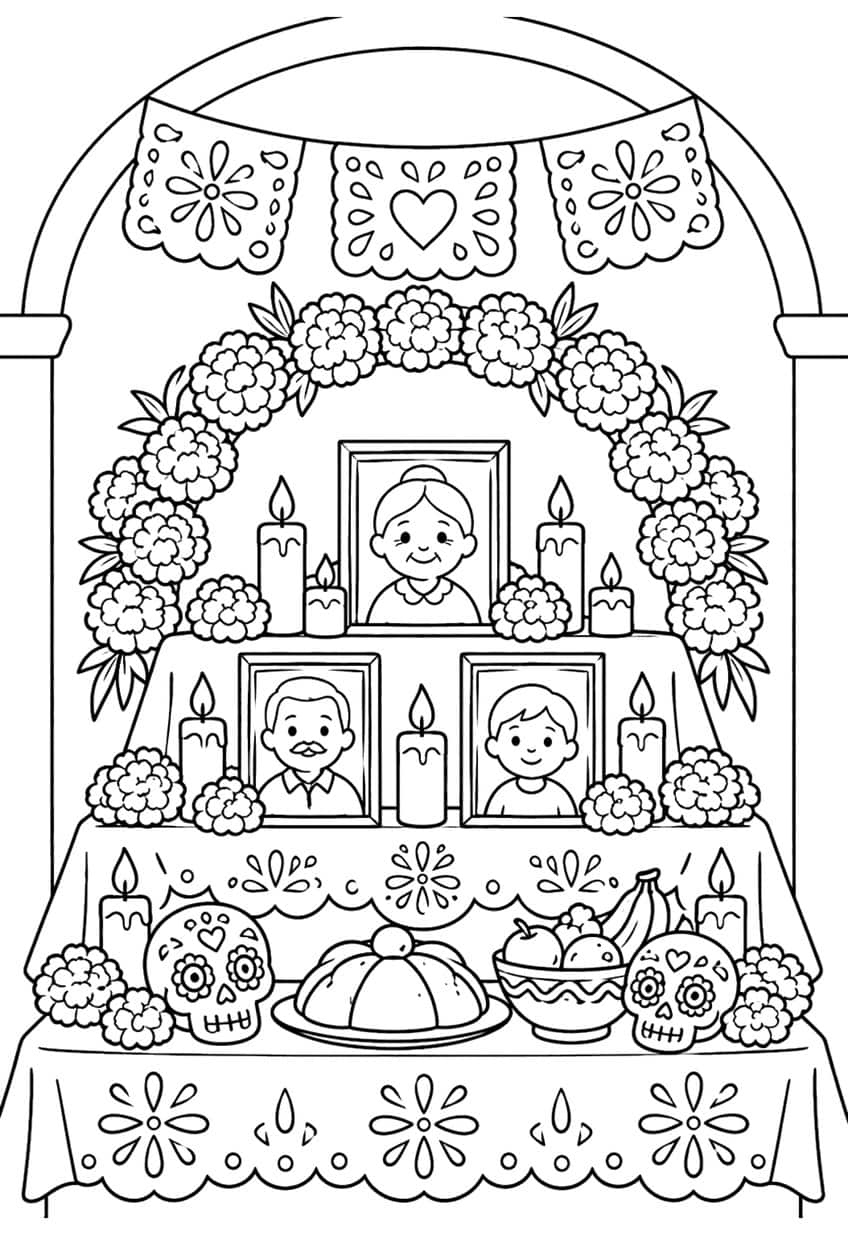 Altar with three framed portraits, candles, marigold arch, sugar skulls, bread, fruit bowl and paper banner