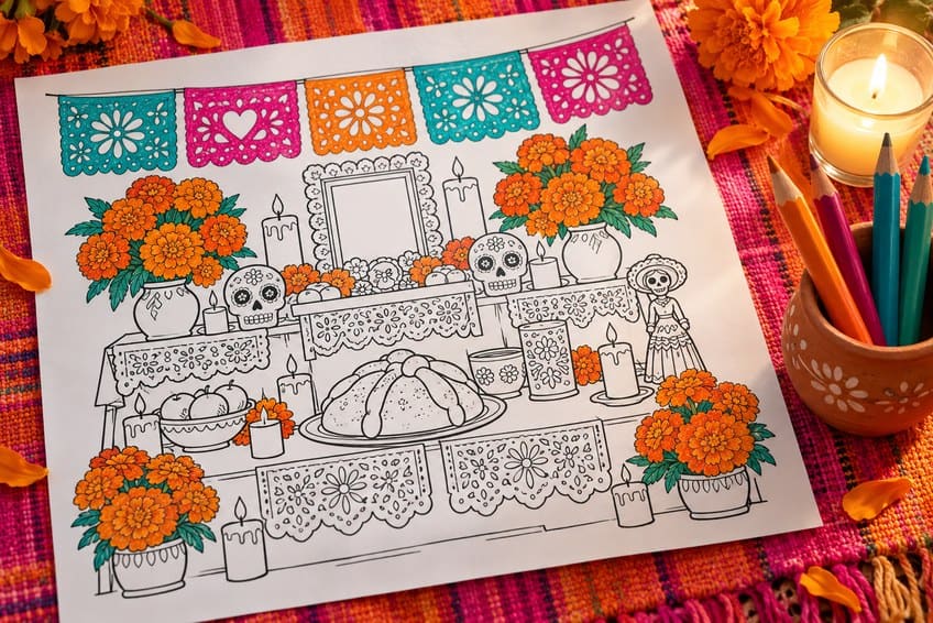 day of the dead coloring page partly colored in with pencils