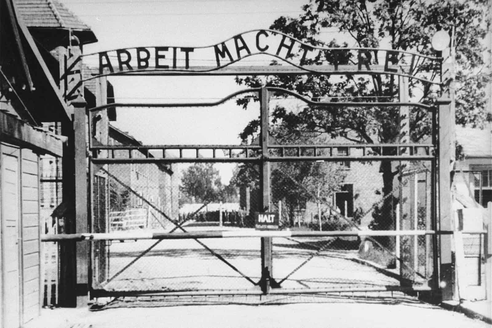 Entrance gate to Auschwitz I photographed in May 1945