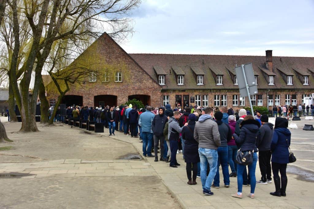 The brick entrance building of the Auschwitz-Birkenau State Museum at Auschwitz I.