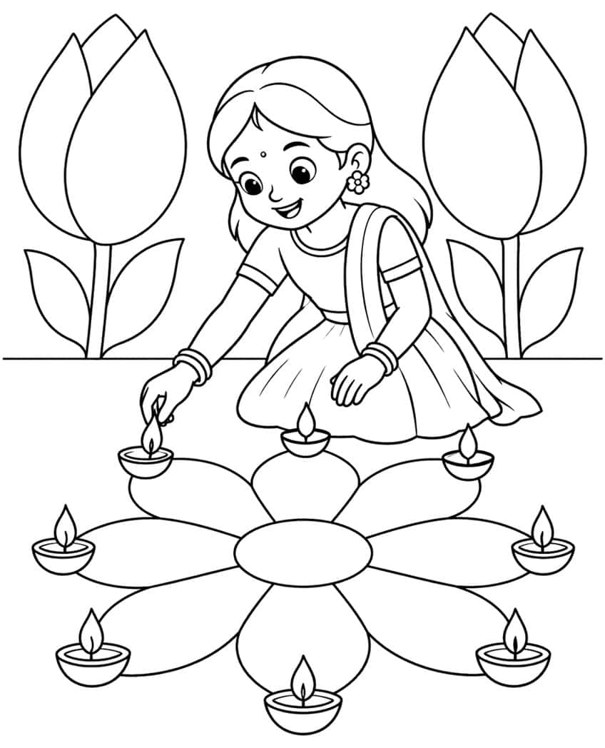 Girl lighting one of eight diyas around a big flower rangoli, with two tulips behind her