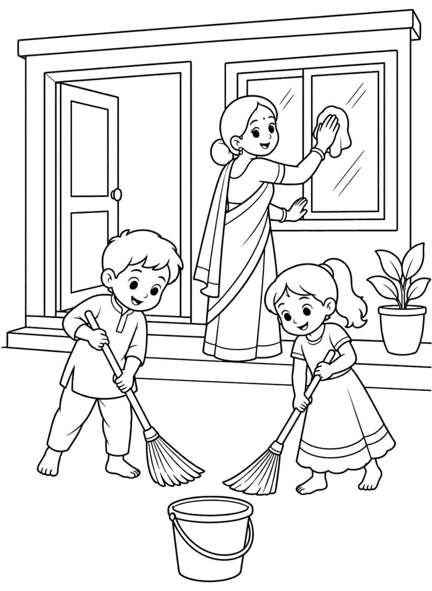 Woman cleaning a window while a boy and girl sweep with brooms, bucket and potted plant nearby