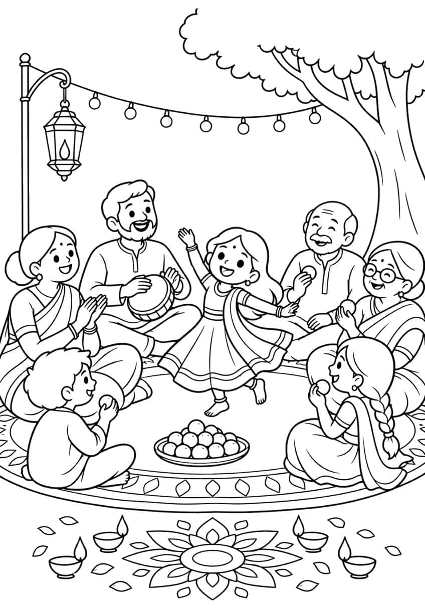 Girl dancing among seated family members with a drum, sweets bowl, tree, lantern, rangoli and four diyas
