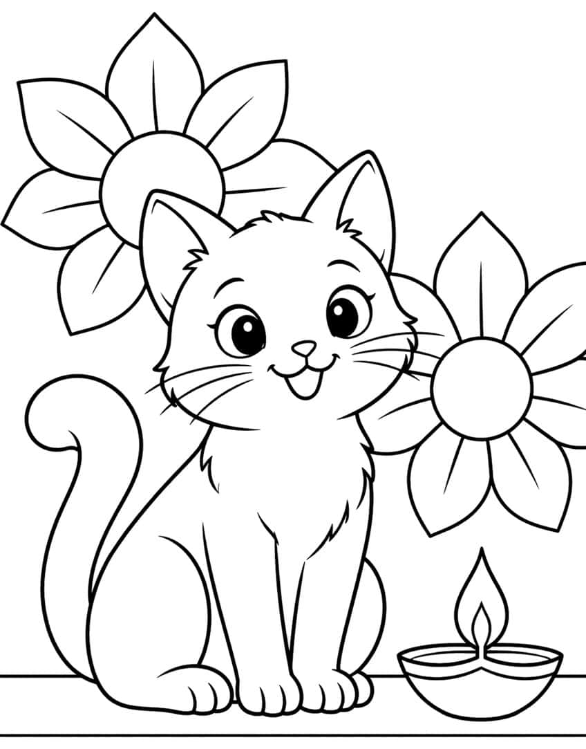 Smiling sitting kitten with curled tail, two big flowers behind it and a lit diya lamp