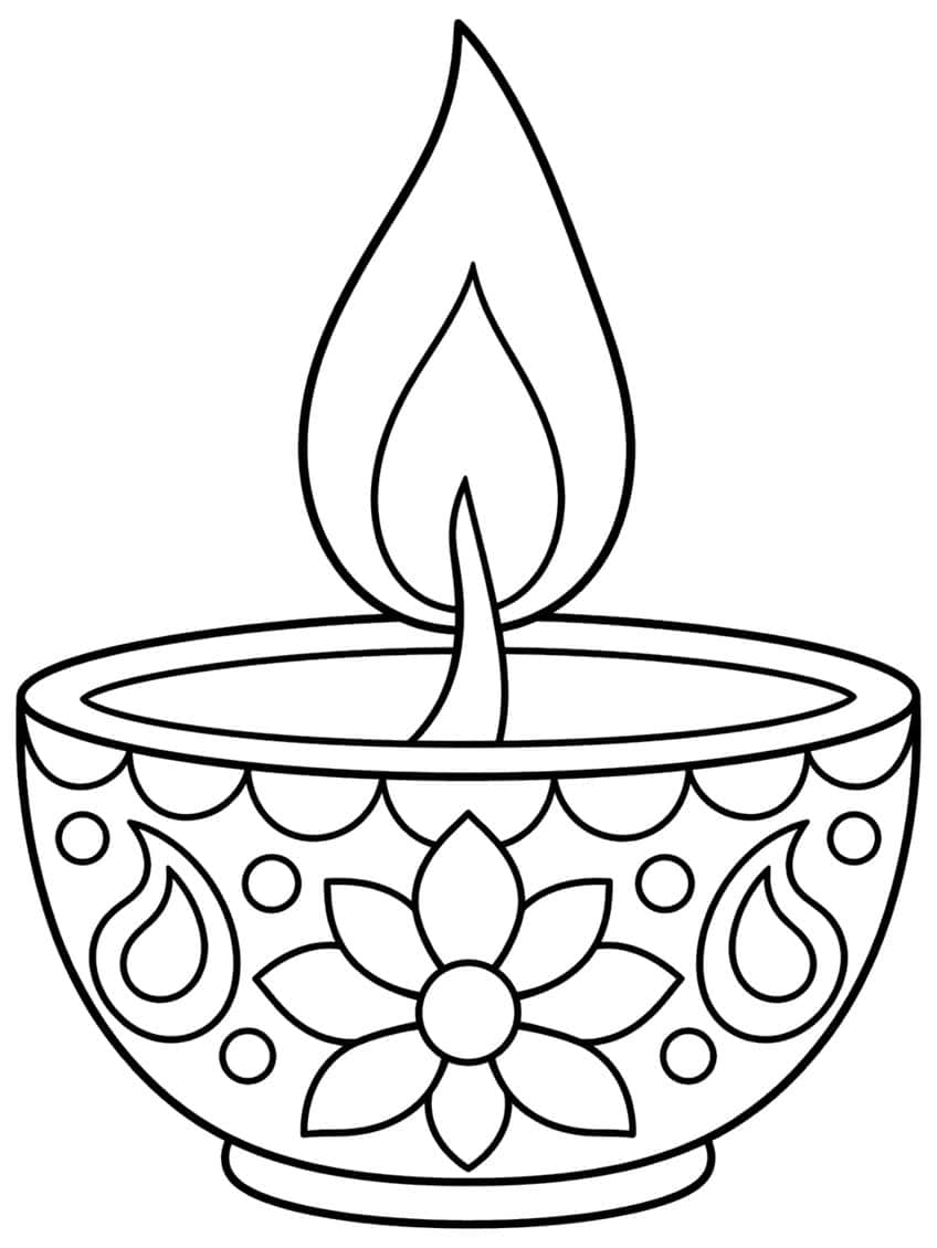 Clay diya lamp with a tall flame and a bowl decorated with a flower, paisley drops and scallops