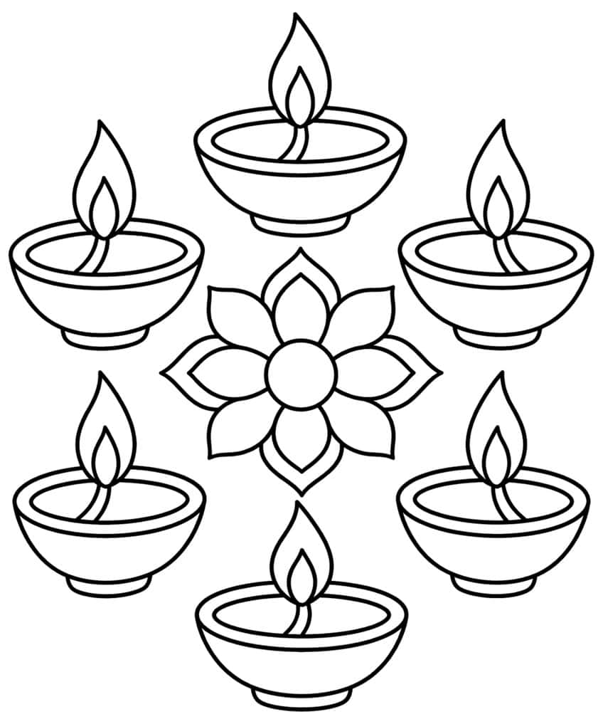 Six diya oil lamps with flames arranged around a central eight-petal flower