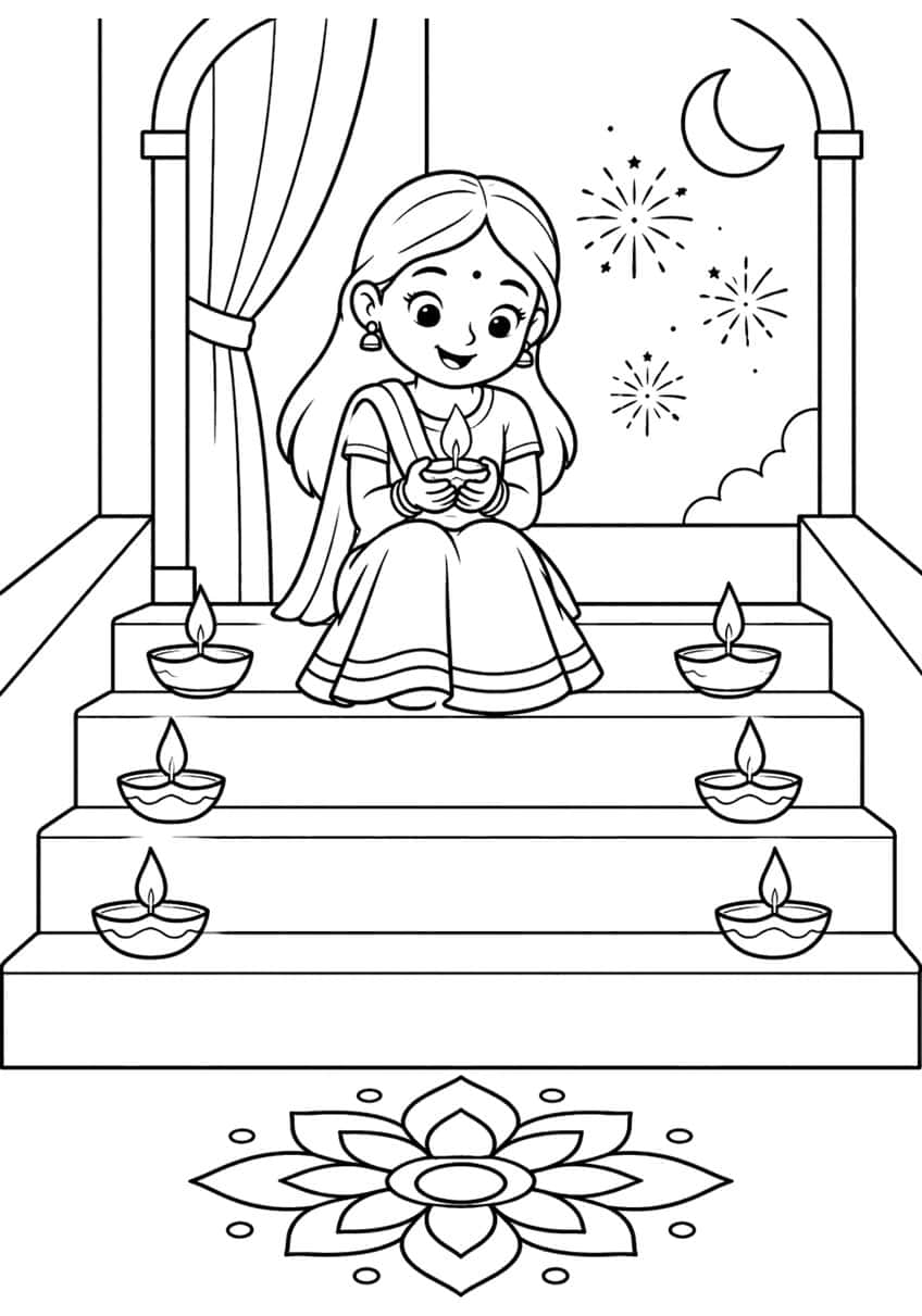 Girl on steps holding a diya, six lit lamps, rangoli, crescent moon and fireworks