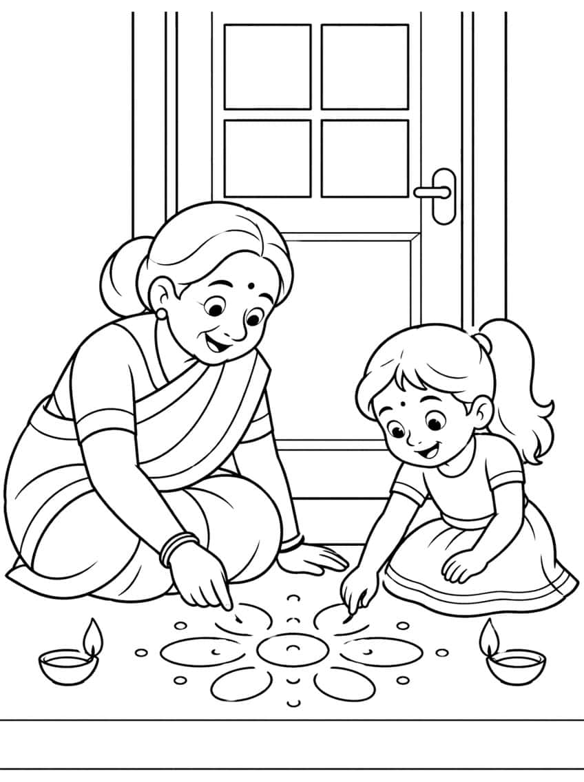 Grandmother and girl kneeling by a door, drawing an oval rangoli with two diya lamps
