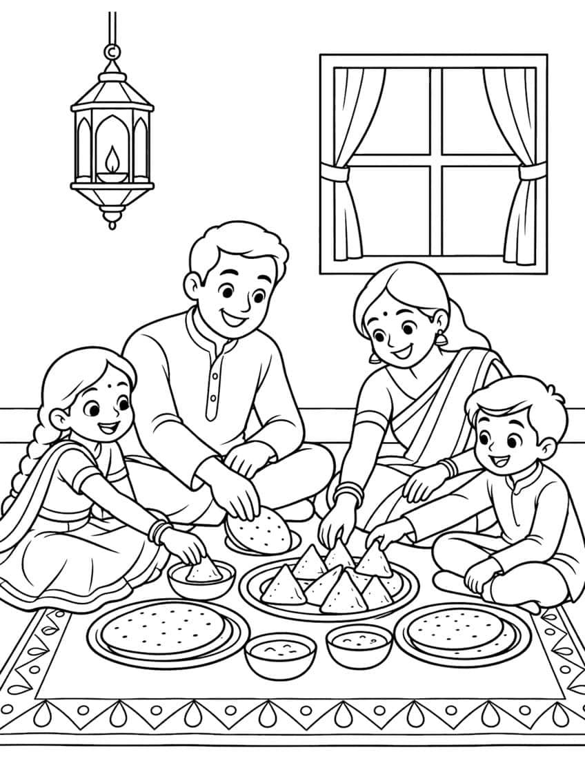Family of four sitting on a floor mat eating samosas and flatbread, with a hanging lantern and window