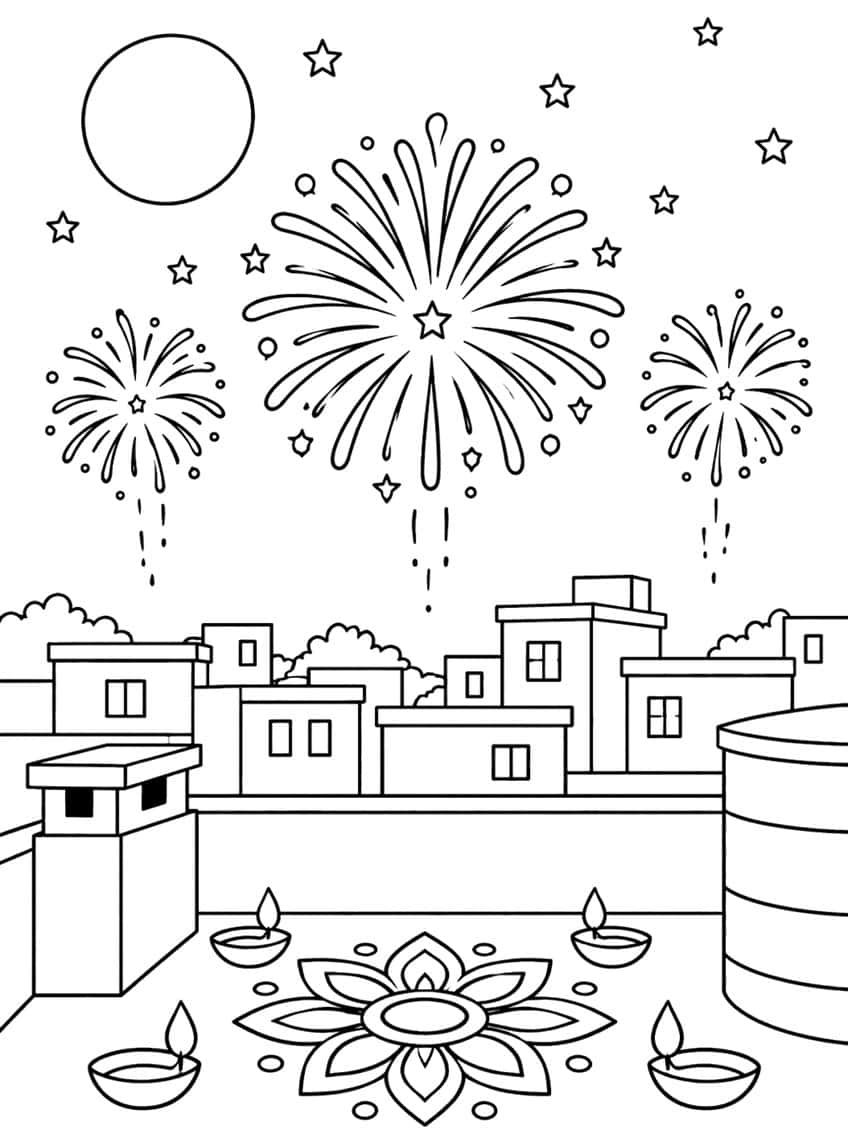 Three fireworks over flat-roofed houses, with a moon, stars, a rooftop rangoli and four diyas