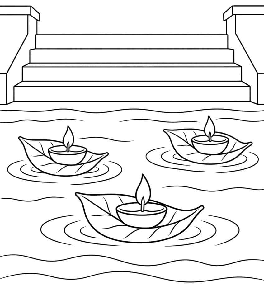 Three diyas with flames on leaves floating in ripples, with a wide stone staircase behind