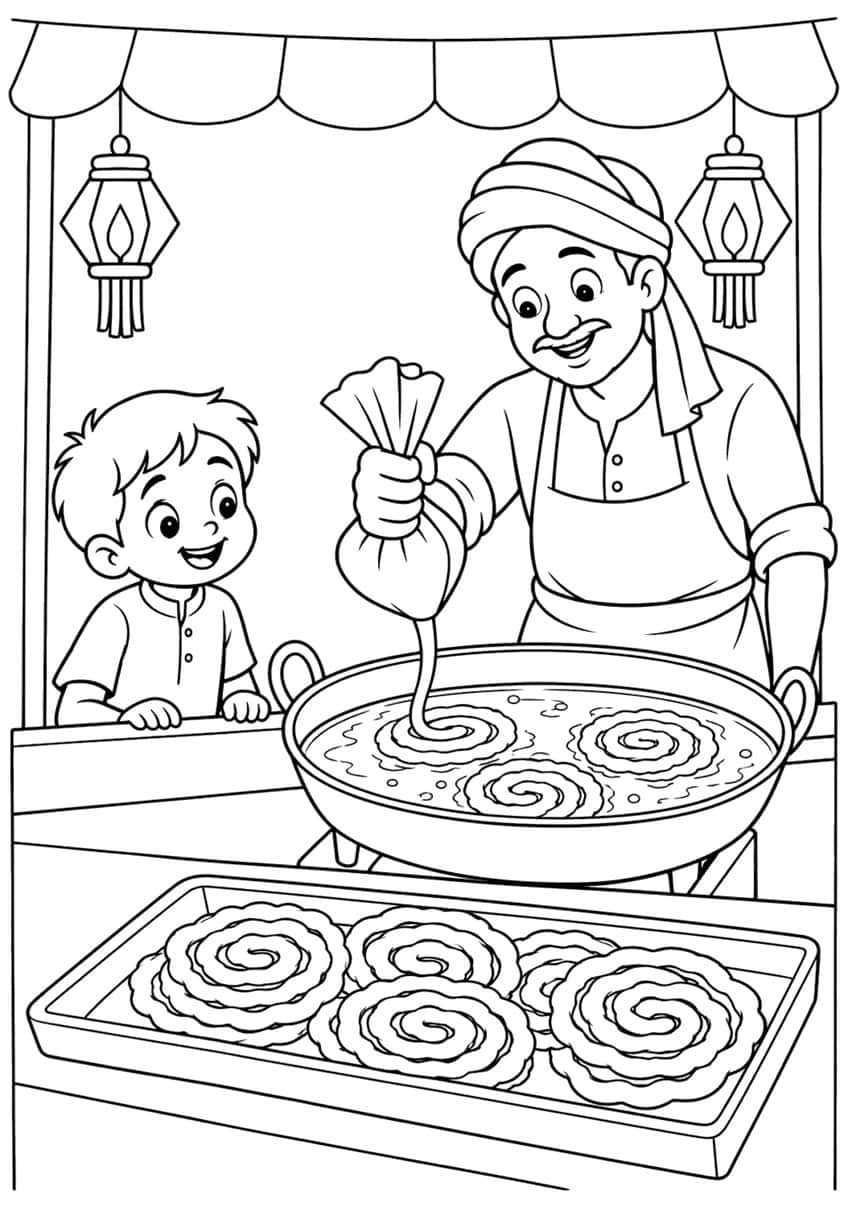 Sweet maker piping jalebi into a pan while a boy watches, with a tray of jalebis and two lanterns