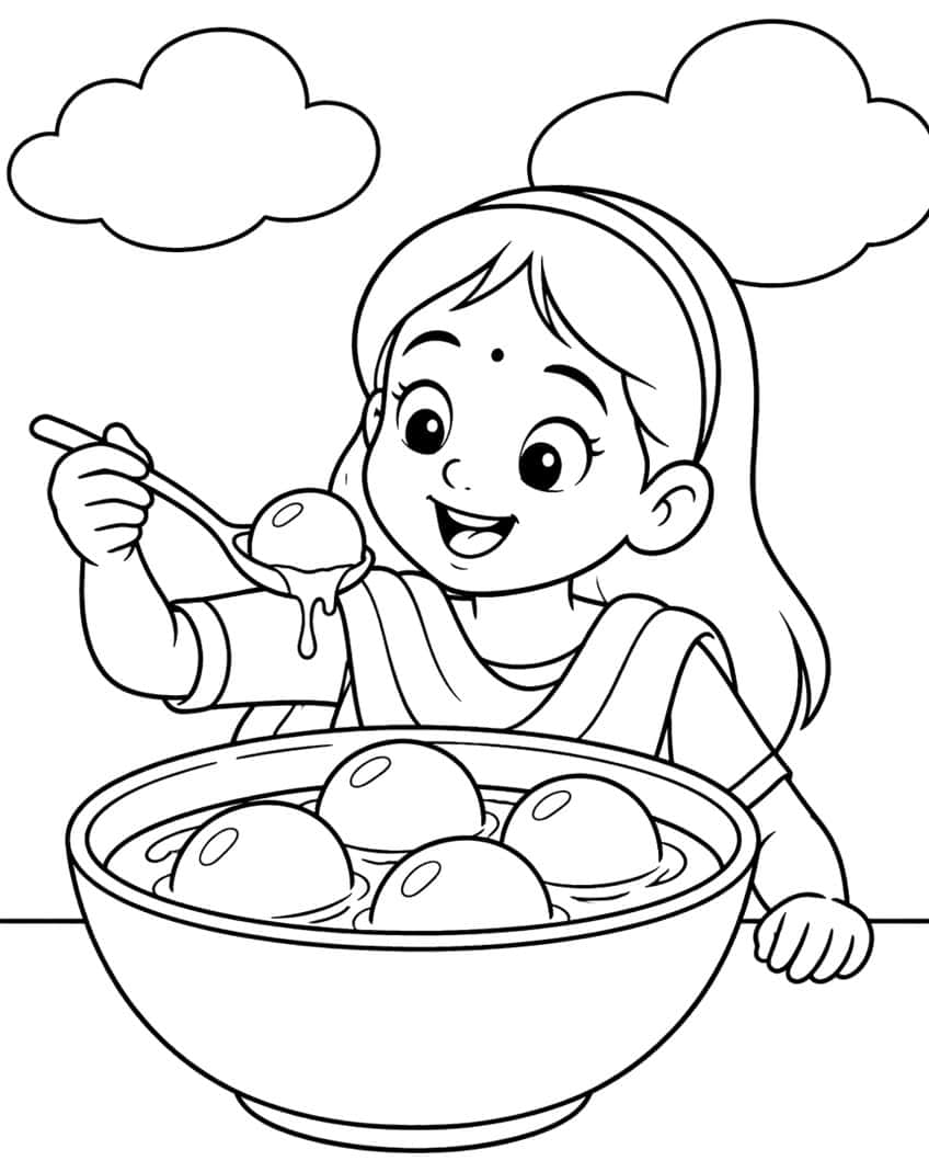 Smiling girl with a bindi holding a spoon with a gulab jamun above a bowl of four sweets
