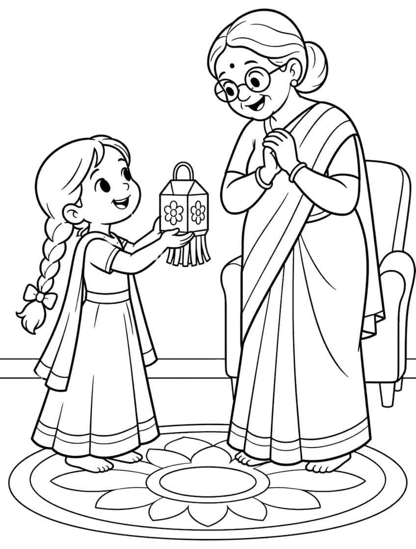 Girl with a braid hands a flower lantern to a grandmother in a sari, standing on a round rangoli rug