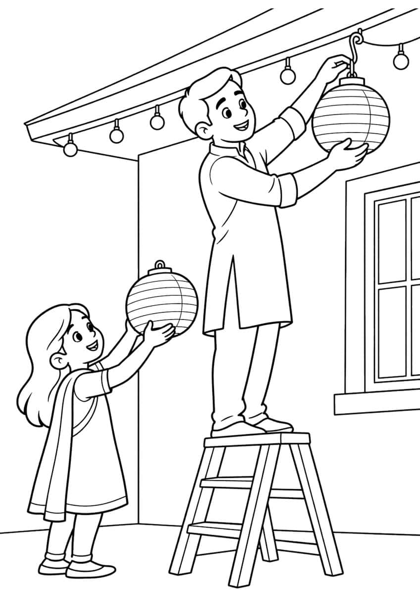 Man on a stepladder hanging a paper lantern while a girl hands up another, with string lights and a window