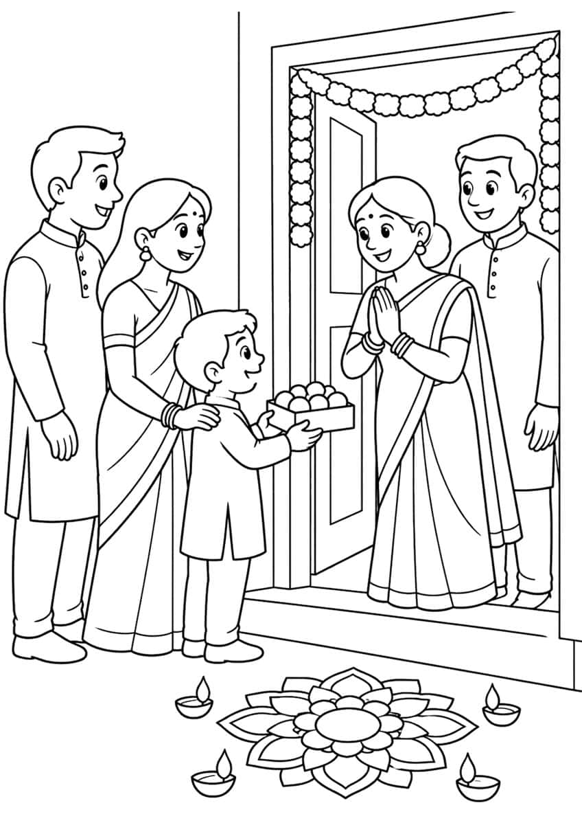 Boy giving a box of sweets to a woman at a garland-framed door, with a rangoli and four diyas