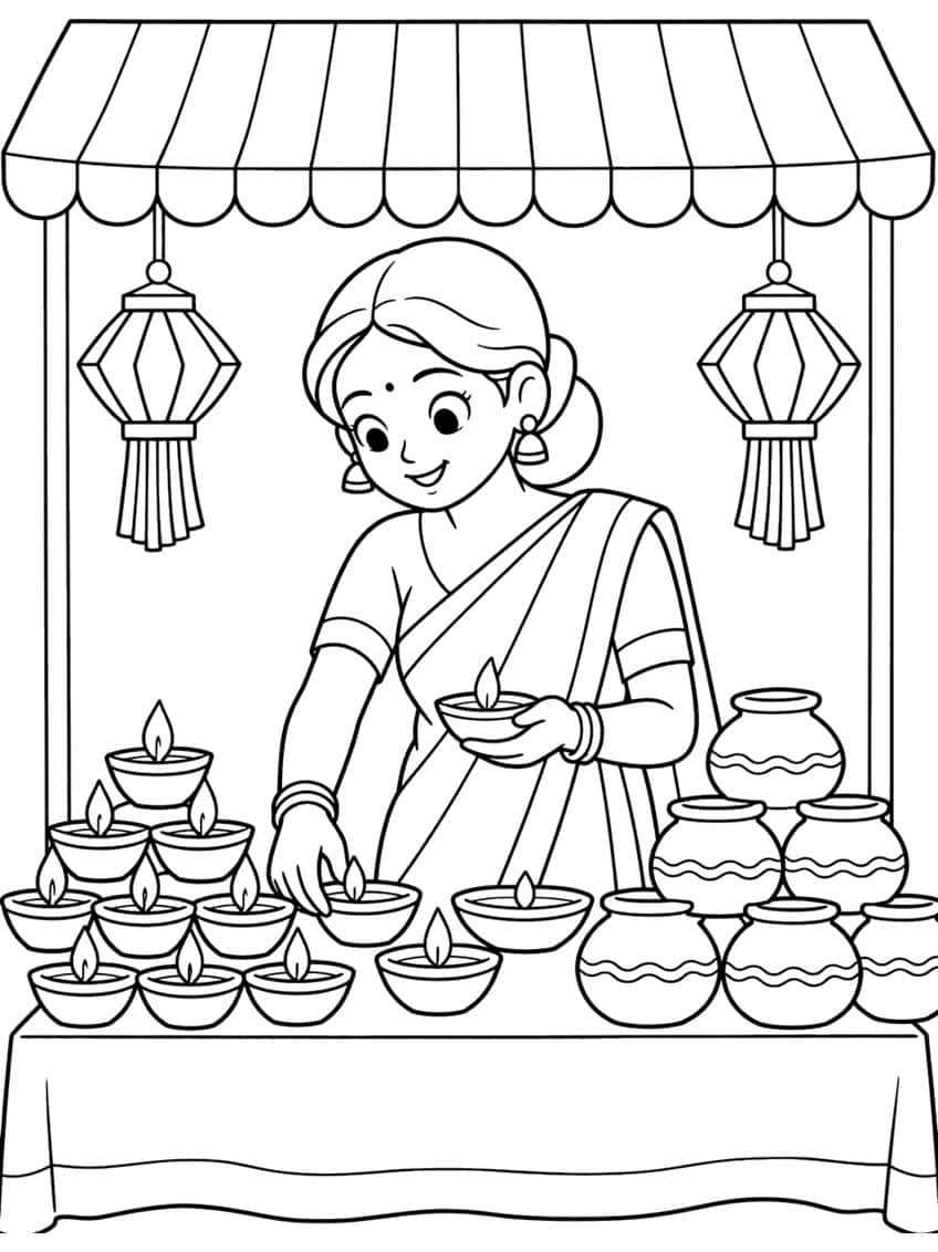 Woman in a sari arranging lit clay diyas at a market stall with lanterns, awning and stacked pots