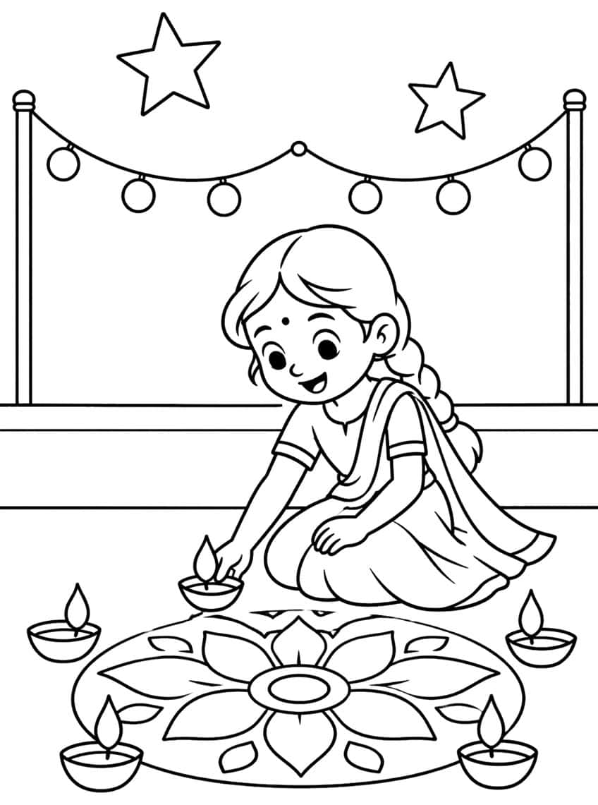 Kneeling girl with braid placing a diya near a flower rangoli, four diyas, bulb garland and two stars