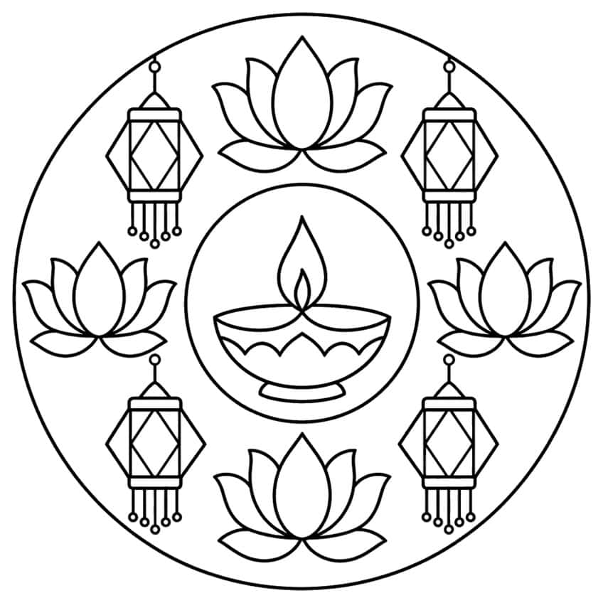 Round mandala with a central diya lamp, four lotus flowers and four hanging tasseled lanterns