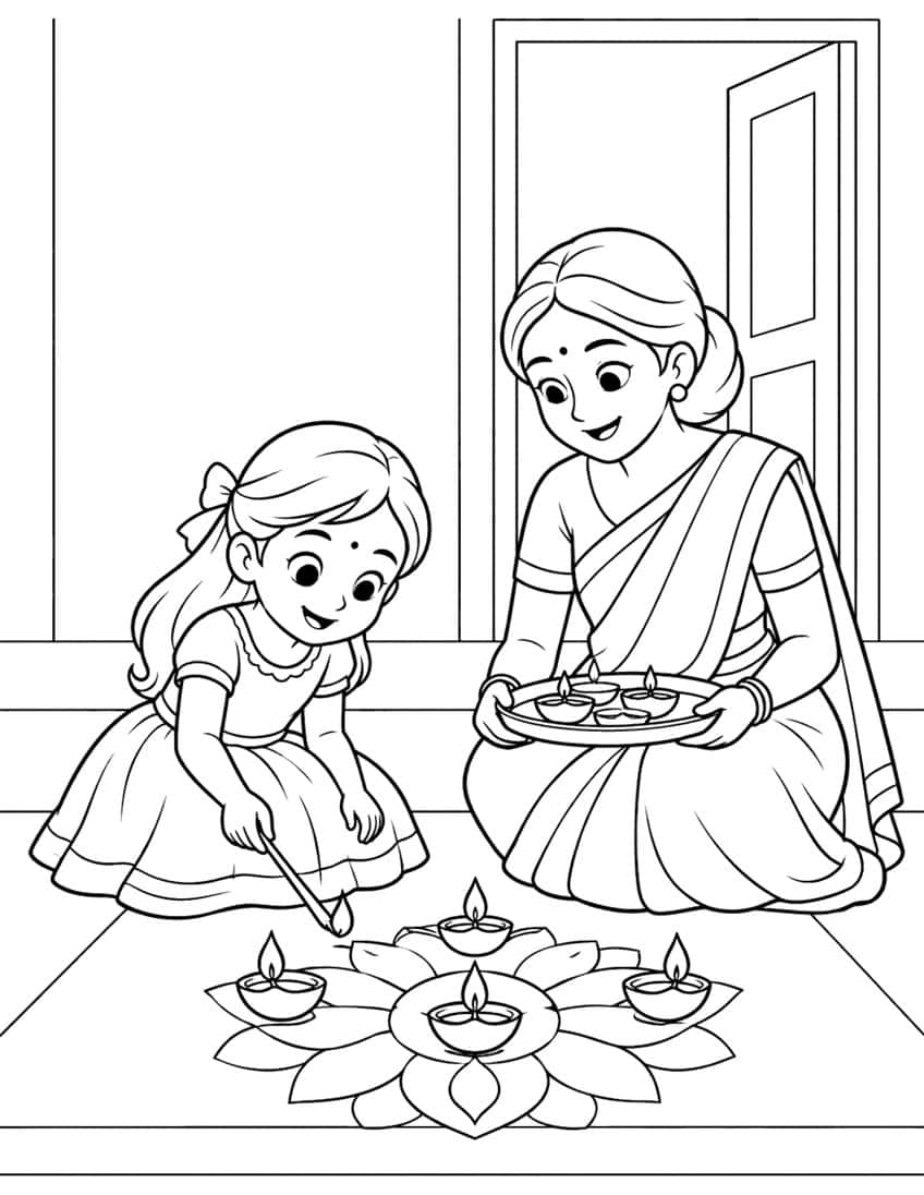 Girl lighting diya lamps on a rangoli while a woman in a saree holds a plate of lamps