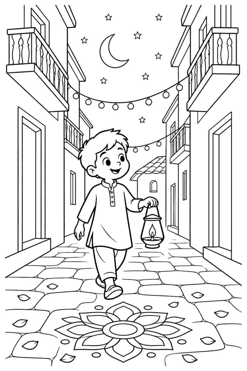 Boy in a kurta carrying a lit lantern down a cobbled street with balconies, string lights, crescent moon and a rangoli