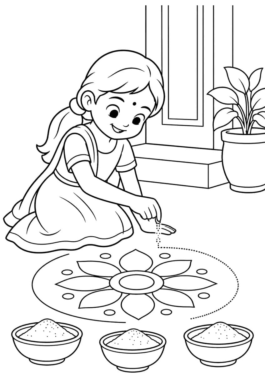 Girl kneeling and sprinkling powder around a rangoli flower, three powder bowls, potted plant, doorstep