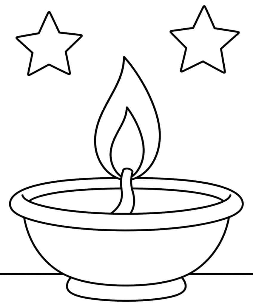 Diya oil lamp with a large flame, twisted wick and two stars above