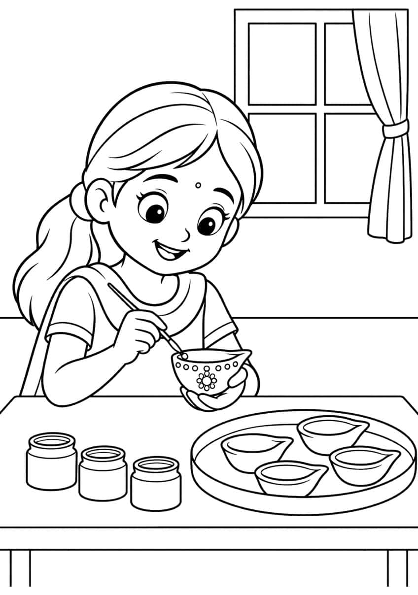 Girl with ponytail painting a diya, three paint jars, a tray of four diyas, window with curtain