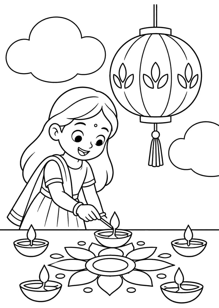 Girl lighting five diya lamps around a rangoli, with a hanging paper lantern and clouds