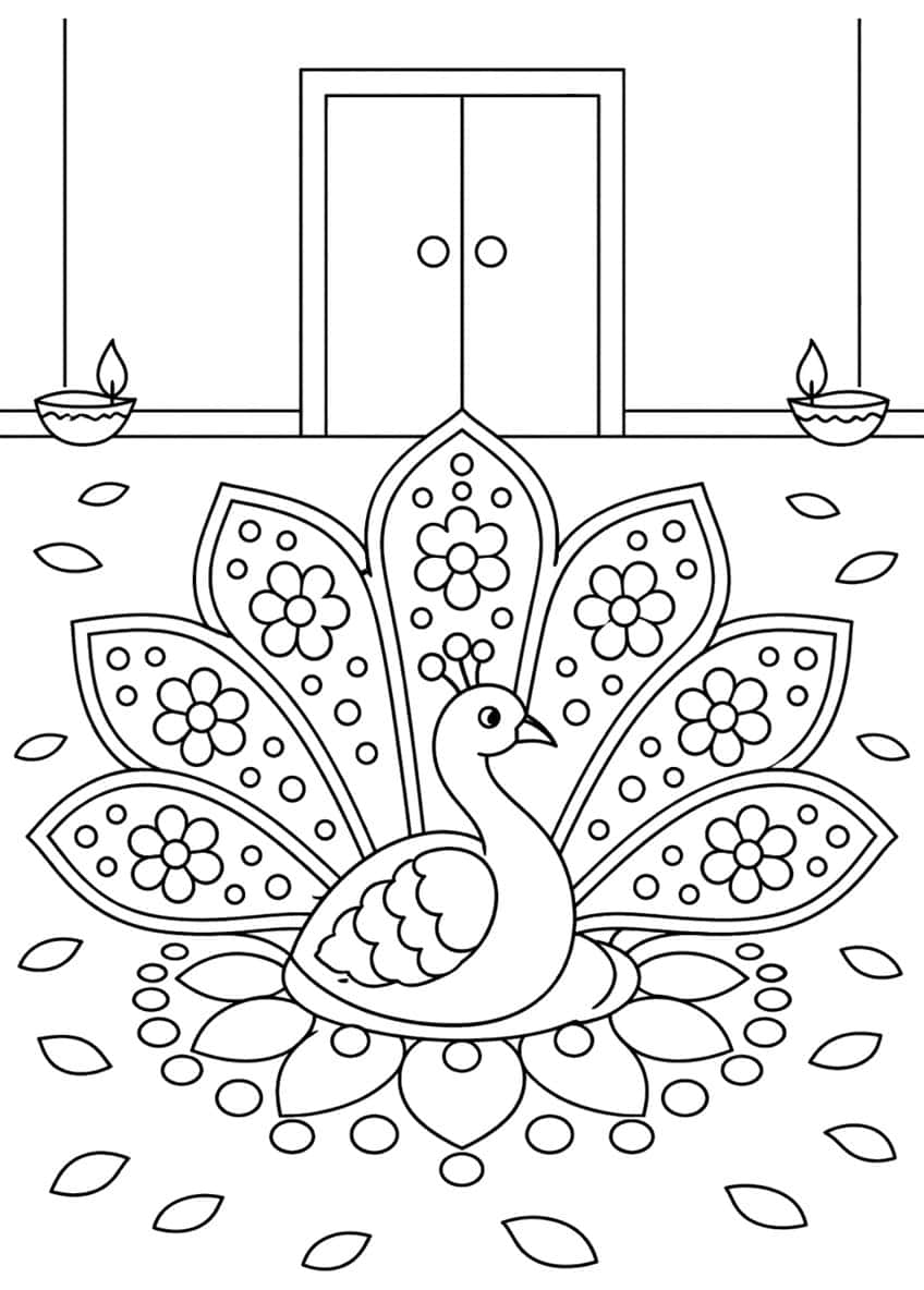 Peacock with fanned patterned tail on a rangoli in front of a double door with two lit diyas