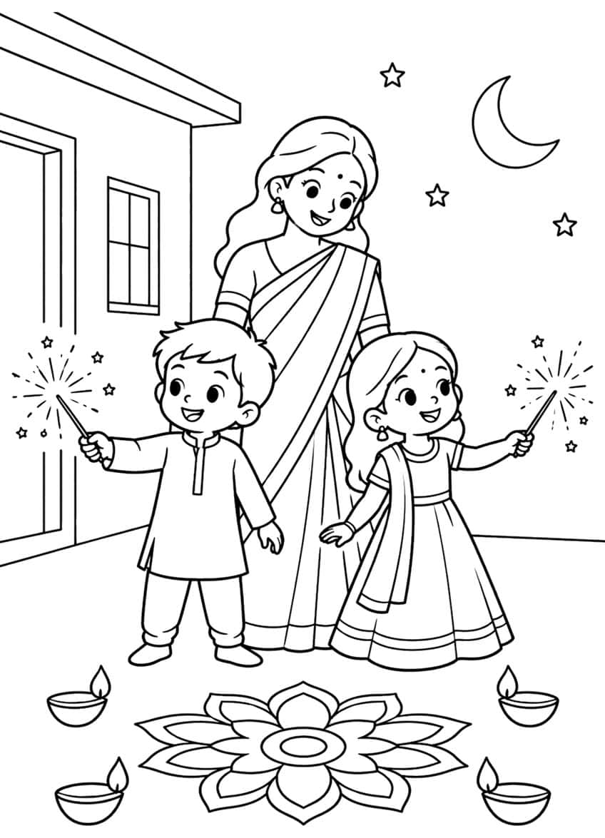 Boy and girl with sparklers, mother in sari, rangoli, four diyas, moon and stars