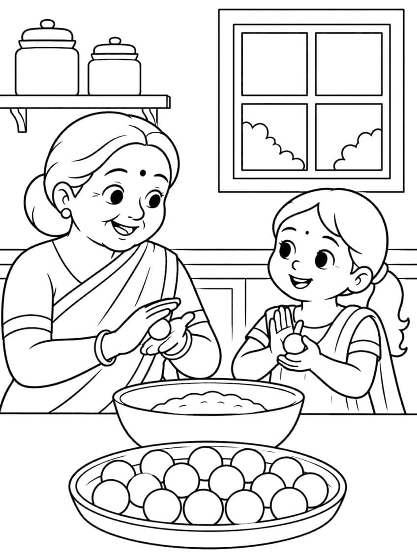 Grandmother and girl rolling sweet balls, a bowl of dough, a platter of laddus, jars and a window