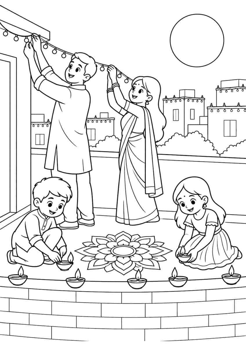 Family stringing lights on a rooftop, two kids lighting diyas by a rangoli, full moon