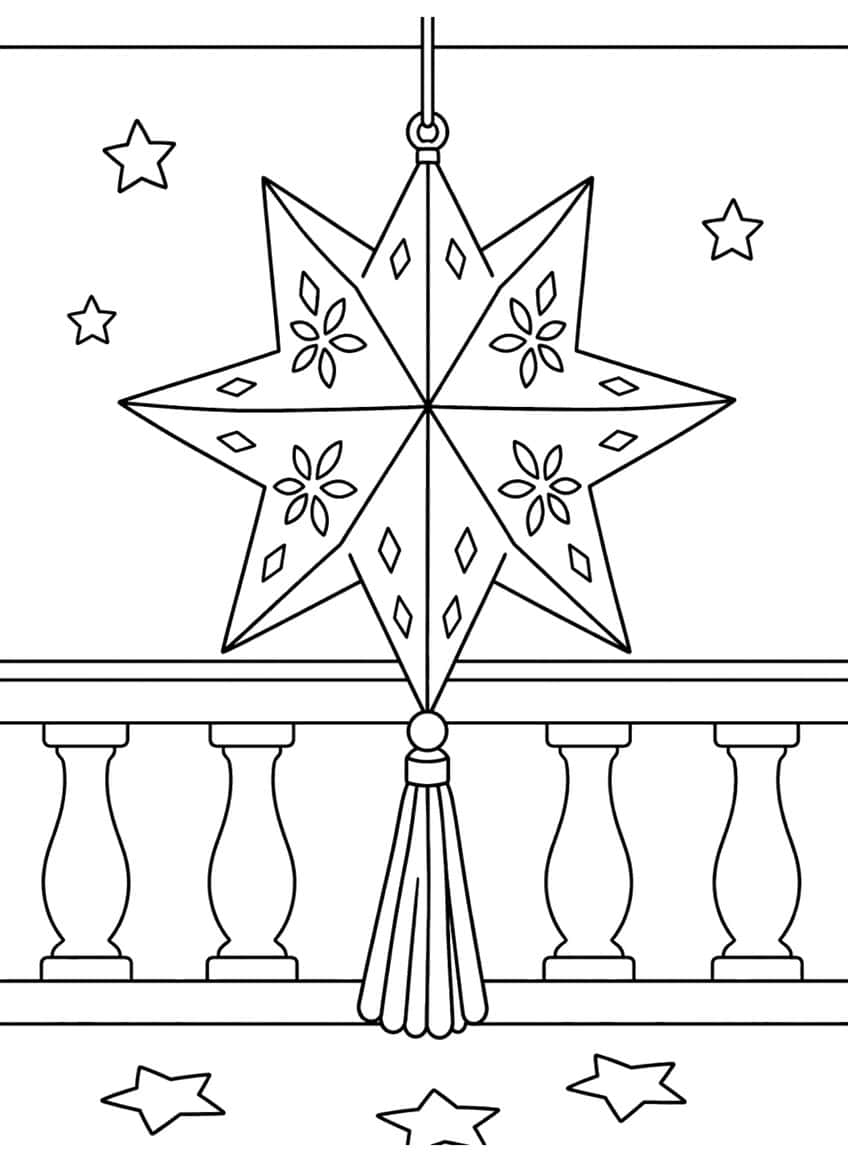 Star lantern with flower cutouts and tassel hanging before a balcony railing and small stars