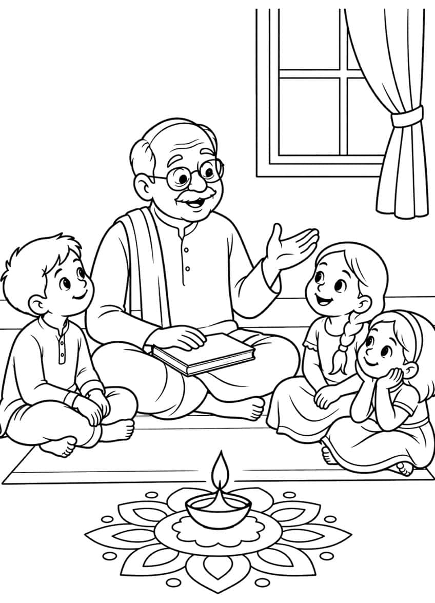 Grandfather with a book telling a story to three children beside a diya on a rangoli