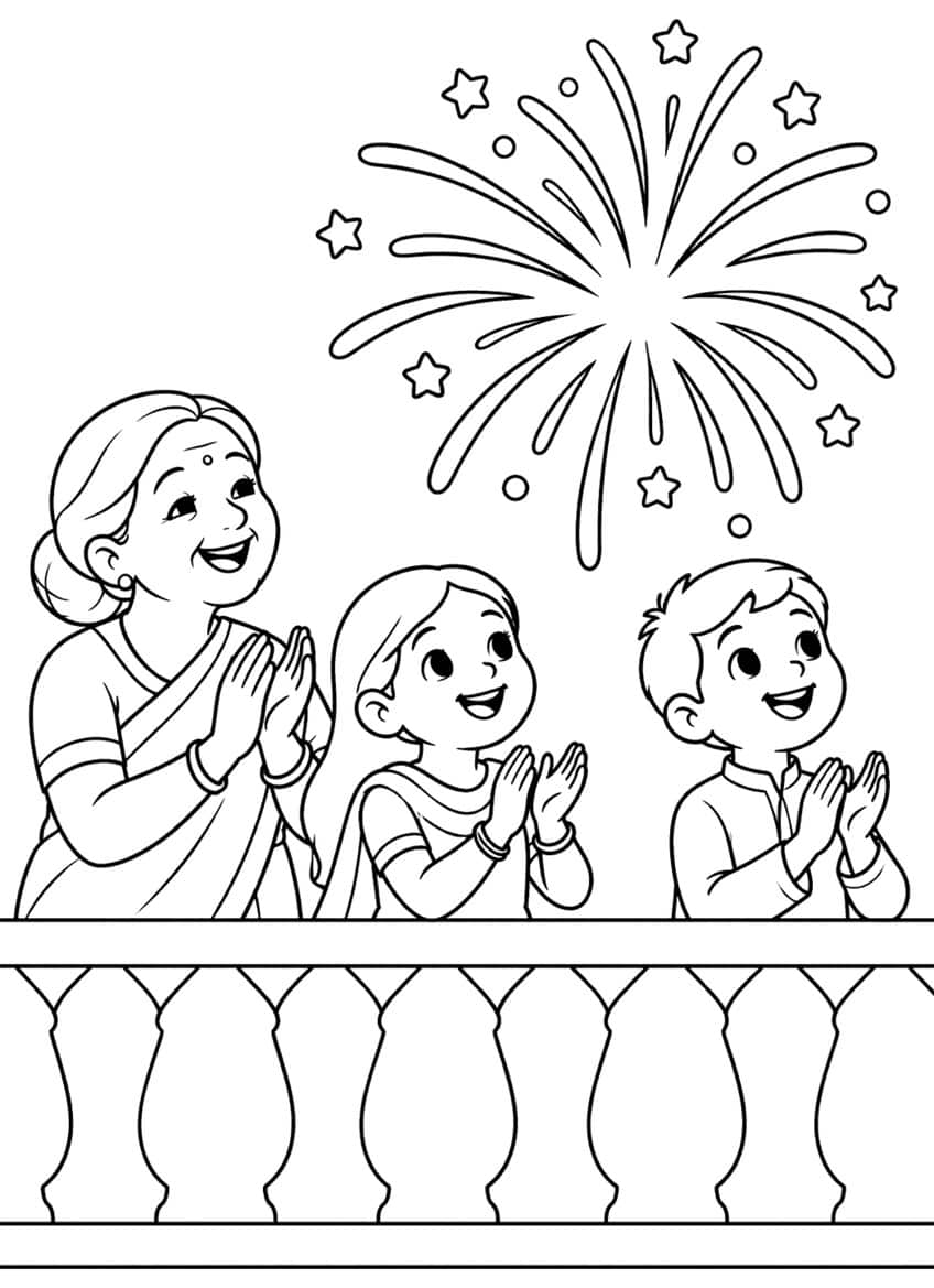Grandmother, girl and boy clapping behind a balcony railing under a large firework burst with stars