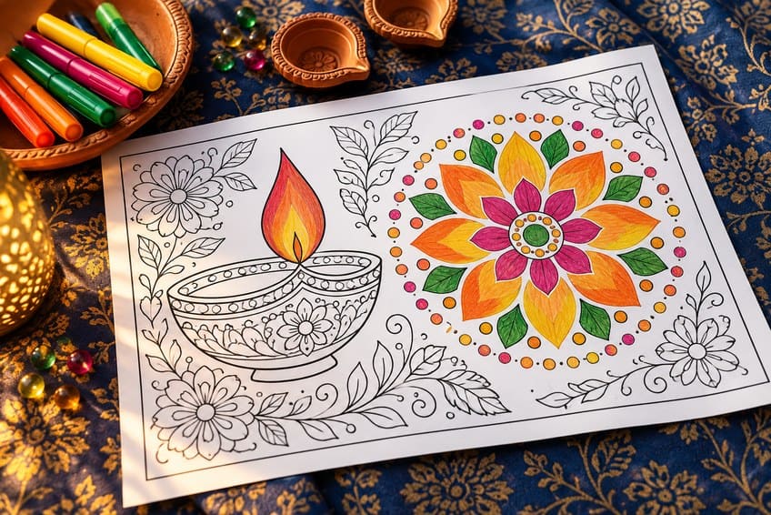 diwali coloring page partly colored in with pencils