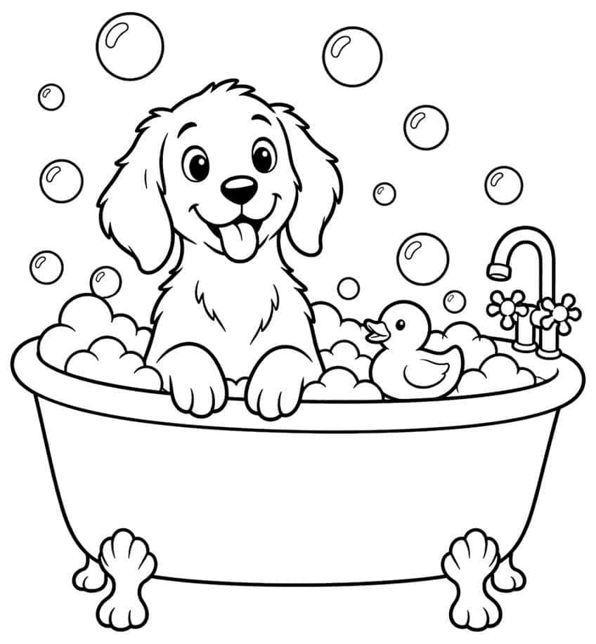 Coloring page of a puppy in a bathtub with foam, bubbles and a rubber duck
